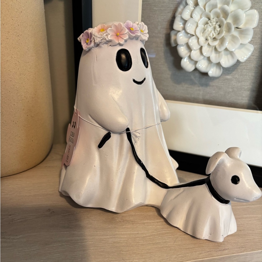 Goblin&Ghoul Ghost with flower crown walking Spooky Ghost Dog Figurine Halloween